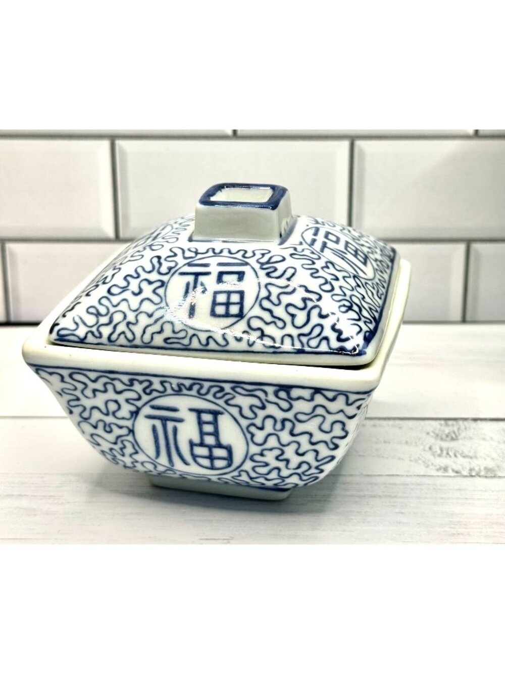 Blue & White Porcelain Covered Dish With Chinese Characters Square Design